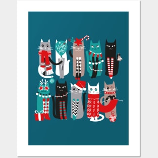 Feline Christmas vibes // print // dark teal background grey mint white brown and black kittens Posters and Art